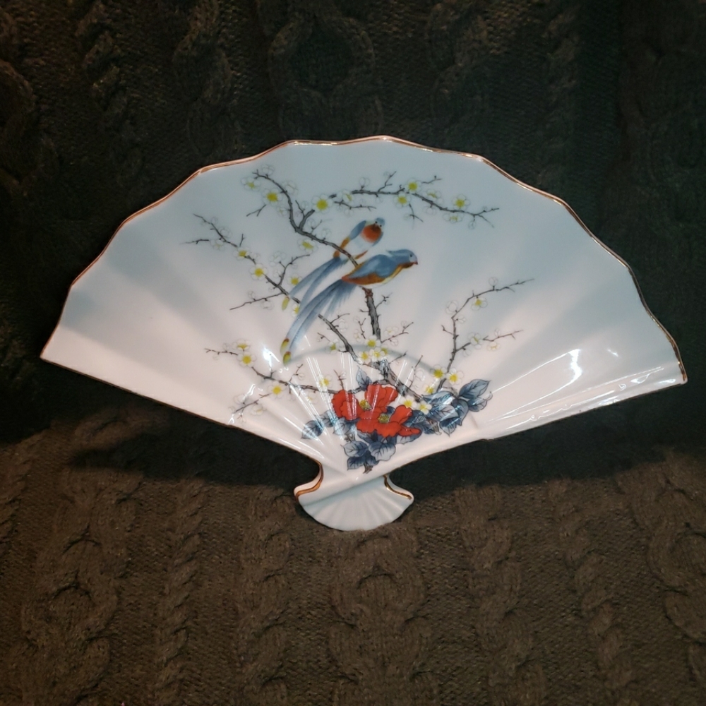 Japanese Ceramic Birds Floral  Fan Trinket Dish Decor Jay China Gold Trim